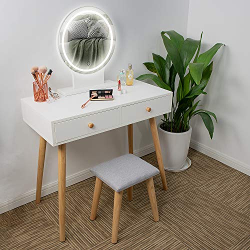 Ezigoo Conjunto de tocador con Espejo de Luces LED - Mesa Blanca de Maquillaje con 2 cajones, Taburete Acolchado y Espejo de luminosidad Ajustable para el Cuarto de Maquillaje