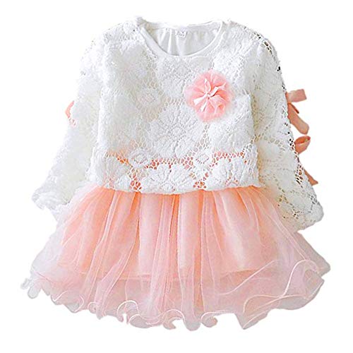 Falda de encaje para niña de manga larga, vestido de princesa con lazo dulce para primavera y otoño, para guardería, hogar, boda, fiesta, ceremonia, cumpleaños y uso diario (rosa, 90 cm)