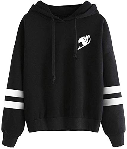 FLYCHEN Sudadera con Capucha para Mujer Anime Fairy Tail Estampado Logo Gráfica Clásico Color Sólido Sudadera Adolescentes Deportiva - Negro 3 - L