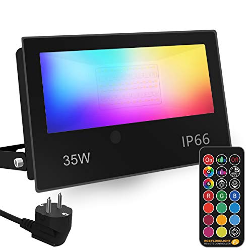 Foco LED RGB Exterior, cambio de color 35W, modo estroboscópico personalizado para bricolaje, RGB 12 colores, temporización, control remoto incluido, IP66 a prueba de agua