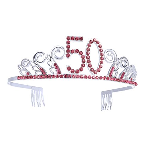 Frcolor Corona Cumpleaños 50 Años Diadema Cumpleaños Mujer Tiara Cristal con Peines (Plata Roja)