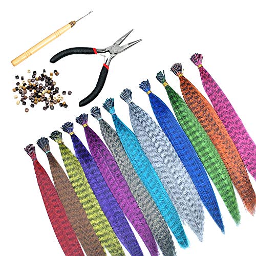 Gobesty Extensiones de Colores, Extensiones de plumas de cabello de 15 pulgadas Postizo recto sintético resistente al calor para niños Niñas Mujeres, 12 colores en 32 piezas