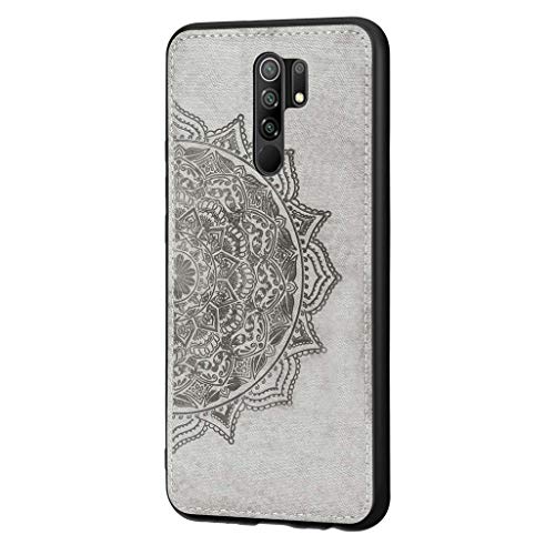 HAOTIAN Funda para Xiaomi Redmi 9, Patrón de Mandala en Relieve Bastante Retro y [Estilo de Tela de Lona] Estuche, Delgado Ligero Suave de Silicona Suave TPU Cover Case, Gris