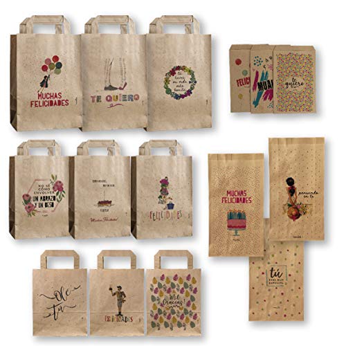 Happymots 15 bolsas de papel kraft varios formatos: 3 sobres 14x24cm + 3 bolsas fuelle 19+6x34cm + 9 bolsas papel kraft con asas tamaños: 26x35cm+12cm, 22x28+10cm, 18x22+8cm - Regalar es más fácil