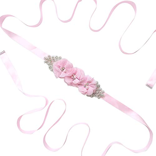 Haptian Para Mujer Elegante de Tres Flores Sash Rhinestone con Cuentas Cintura Nupcial Cinta Cummerbunds Vestido de Boda Cinturón de Cintura(Rosado-Total Longitud: 270cm/106.30in-1trozo)