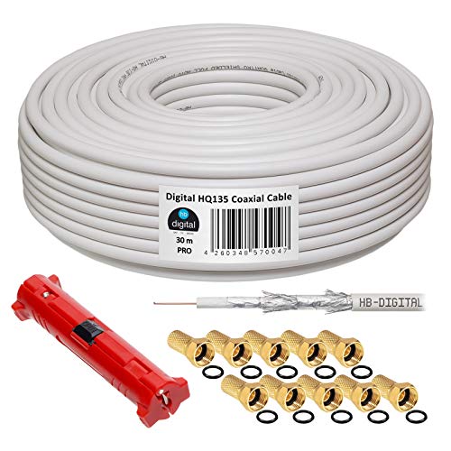 HB-DIGITAL HQ-135 PRO 30m 135dB SAT Cable coaxial blindado cuádruple incl. pelador y 10 conectores F chapados en oro Cable de antena DVB-S / S2 / S2X DVB-C y DVB-T / T2 UHD 4K Full HD 3D