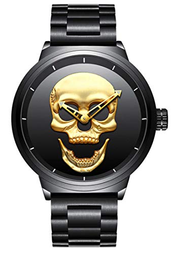 Hombre de cráneo creativo reloj Cool acero inoxidable grande dial Vintage Boy cuarzo reloj militar (Oro negro)