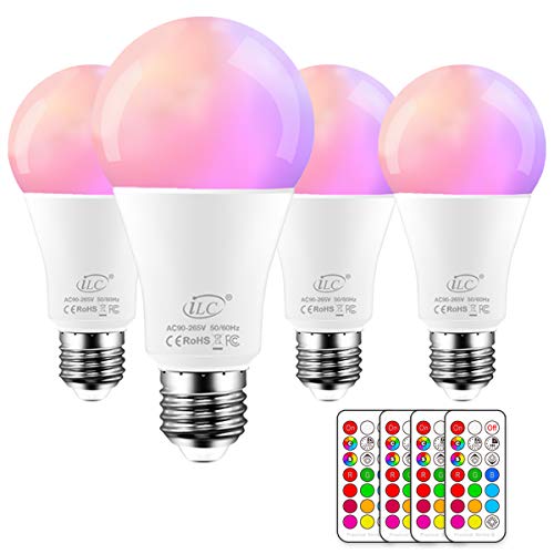 iLC Bombillas Colores RGBW LED Bombilla Regulable Cambio de Color 10W E27 Edison - RGB 12 Color - Control remoto Incluido (Pack de 4)