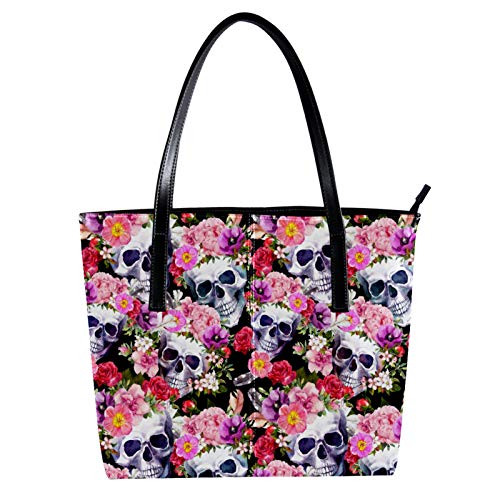 Indimization Bolsos Universidad Mujer Grande para tableta Impermeable Bolso Shopper Cuero de microfibra Bolsos de Mujer Bandolera Bolsa Tote Cráneo de flores 40 x 29 x 9cm