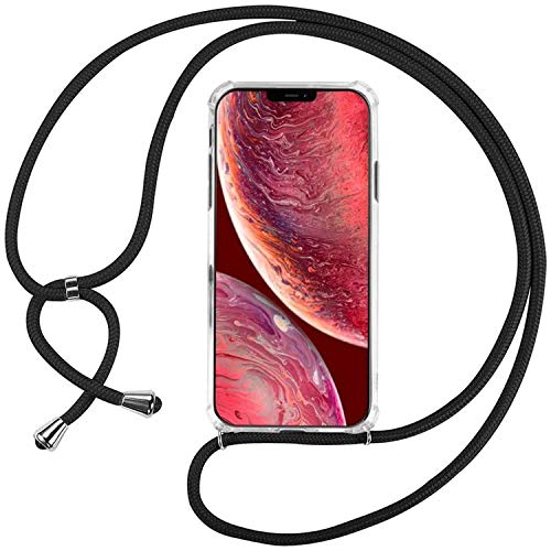 Ingen Funda para iPhone 12/ iPhone 12 Pro (6,1'') Pulgada - Ajustable Collar Correa de Cuello Cordón Transparente TPU Suave Silicona Case - Negro