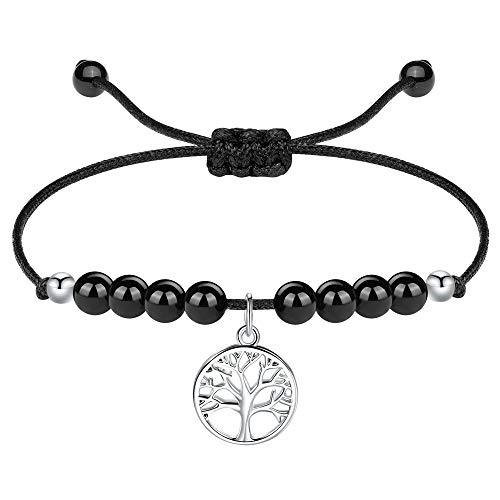 J.Endéar Pulseras Mujer Plata de Ley Árbol de la Vida, Pulsera Personalizadas Amistad Cuerda Trenzada Negra, Pulsera de Piedra Regalo Familiar Joyas