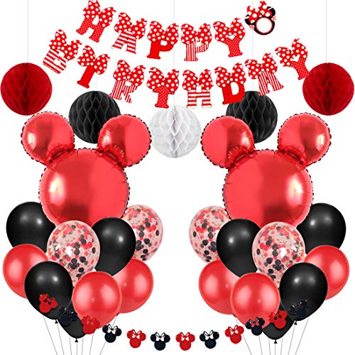 Jollyboom Artículos para Fiestas temáticas de Mickey y Minnie Globos de Guirnalda de Minnie Rojo y Negro Banner de Feliz cumpleaños para Baby Shower de cumpleaños