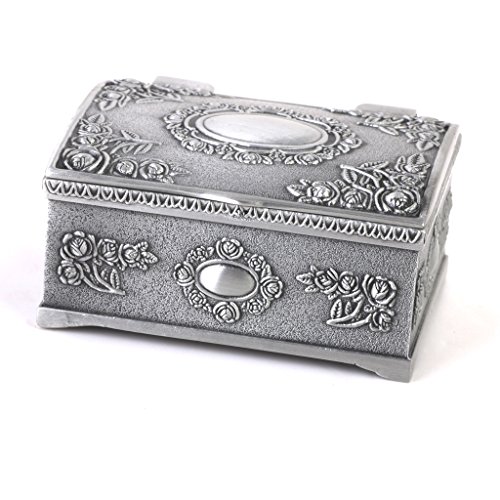 joyMerit Rectángulo Cofre del Tesoro Caja de Anillo de Joyería de Hojalata Plata Antigua Rosa en Relieve