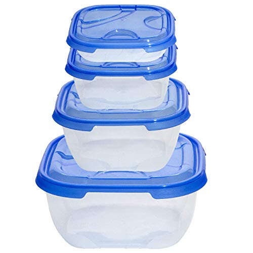 Juego de 4 recipientes herméticos de plástico transparente con tapa para alimentos, color azul