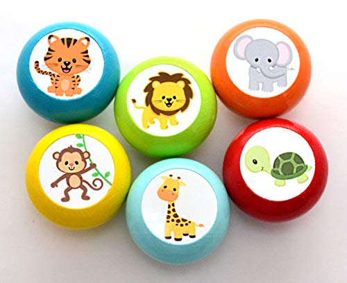 Juego de 6 botones para muebles con diseño de animales de la selva, madera, color petróleo, naranja, amarillo, turquesa, rojo, jirafa, leo, animales, 35 mm, redondo, para niños, sueño