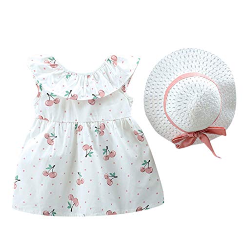 Julhold Bebé bebé niña linda frutas estampadas Princesa Casual vestido + sombrero, conjunto de ropa 0 – 3 años Rosa. 12-18 Meses