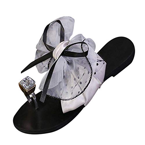 JXJ Zapatillas de Flores para Mujer Sandalias Planas con Lazo de Cristal Zapatos de Verano Chanclas de Playa para Mujer Sandalia con Punta de Clip