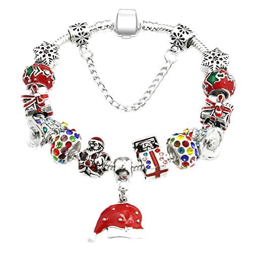 Kentop Charm Mujeres Hechas A Mano Pulseras con Colgante de Sombrero de Navidad (Rojo-17cm)