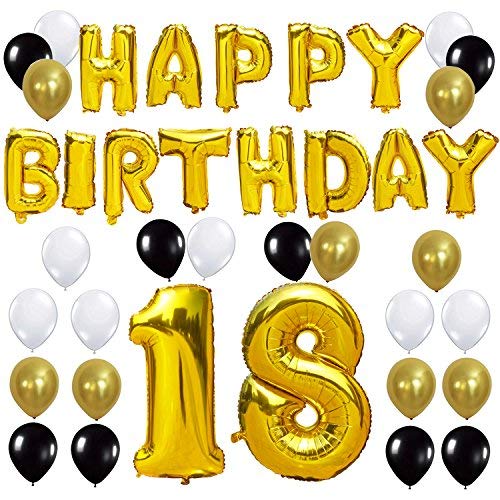 KUNGYO Letras Tipo Balón Doradas Happy Birthday+Número 18 Mylar Foil Globo+24 Piezas Negro Oro Blanco Globo de Látex 18 Años de Antigüedad Fiesta de Cumpleaños Decoraciones