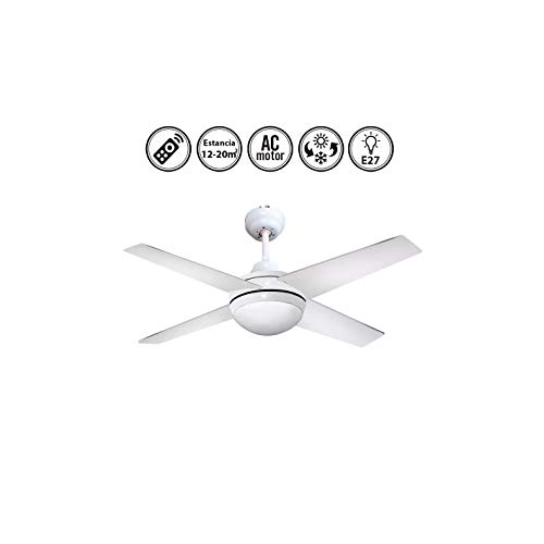 Lámpara Ventilador de Techo Color Blanco con Mando a Distancia. 4 Aspas Blanca. 1xE27. 112 cm Diámetro. Control Remoto