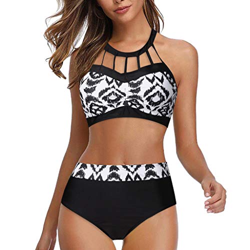 LANSKIRT Bikini Push Up Mujer Vintage Traje de Baño Dos Piezas Cuello Halter con Estampado Talla Grande Conjunto de Bikini Dos Piezas Trikini Biquini Vikinis Bañadores S-5XL