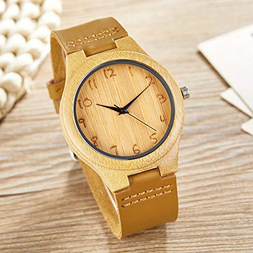 LCDIEB Relojes de Madera Maciza Correa de Cuero Suave Reloj de Cuarzo de bambú de Madera Números Grabados Hombres Mujeres Pareja Relojes de Pulsera, Hombres