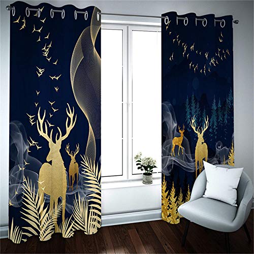 LLKKCX 2 Piezas de Cortinas Opacas Resistente al Calor y La Luz Reducción de Ruido Azul Marino Cortinas Opacas-3D Alce Dorado impresión,para Salón Dormitorio/Oficina,2x85x200cm(Ancho x Alto)