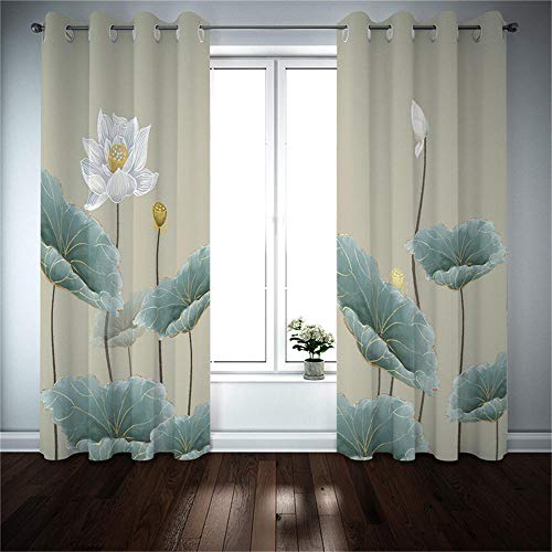 LLKKCX 2 Piezas de Cortinas Opacas Resistente al Calor y La Luz Reducción de Ruido marrón Cortinas Opacas-3D Loto Blanco impresión,para Salón Dormitorio/Oficina,2x110x215cm(Ancho x Alto)