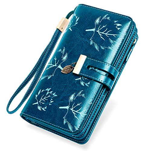 LUROON Carteras Mujer Piel, Monederos Mujer Cuero Gran Capacidad con 24 Ranuras para Tarjetas Bloqueo RFID Billeteras Mujer de Elegante y Moda Billetera Larga Mujercon Cremallera (Azul)