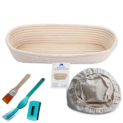 M JINGMEI Banneton Pruebas Cesta 14" Oval Banneton Brotform Cuenco de ratán para 35cm Masa de Pan y Cepillo [Libre] Borradores de Aumento(hasta 1000g)+Liner +Lame de Baker o Grignette