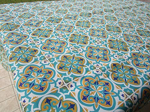 Mantel rectangular antimanchas, diseño de mayolica, color celeste, 100 % impermeable, medidas: 140 x 230 cm.