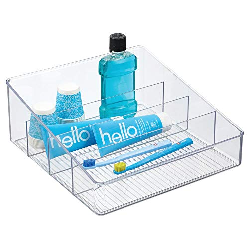 mDesign Caja con compartimentos – Organizador de baño con 4 divisiones para maquillaje, toallas, jabón y champú – Cajas organizadoras ideales para guardar cosméticos en el baño – transparente