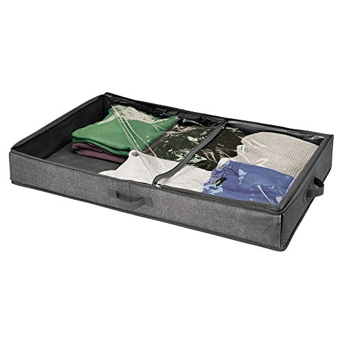 mDesign Cajón para debajo de la cama – Caja organizadora con tapa transparente para ropa, sábanas, etc. – Organizador de ropa para un almacenaje bajo la cama libre de polvo – gris oscuro/transparente