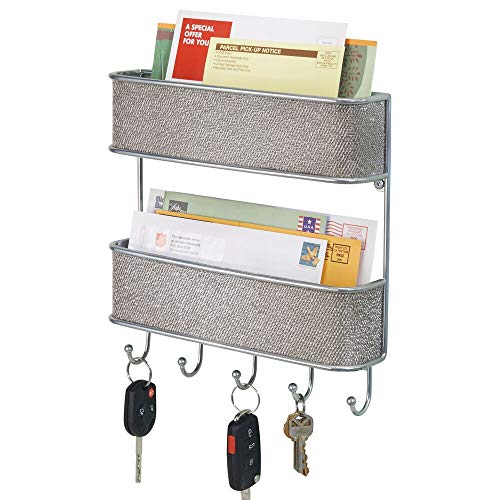 mDesign Organizador de llaves de pared – Colgador de llaves metálico con dos bandejas – Organizador de cartas plateado