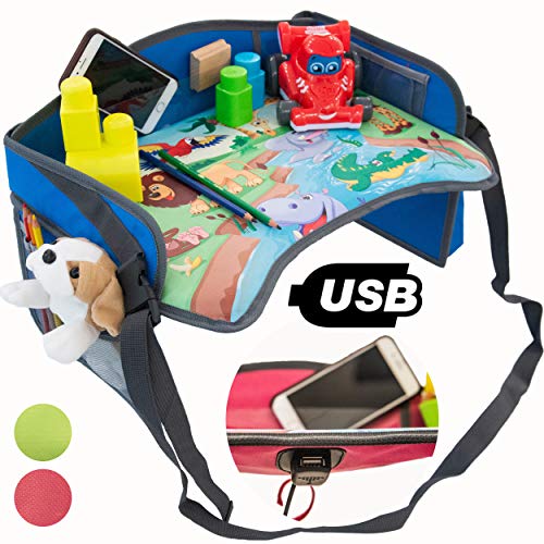 MesitaDeJuego1+ Mesa de juego de viaje en coche para niños con puerta USB 2.0 para Tablet, Smartphone. Bandeja para Dibujar, Entretener a los niños en Avión, Tren, Cochecito, Silla de coche, Parque