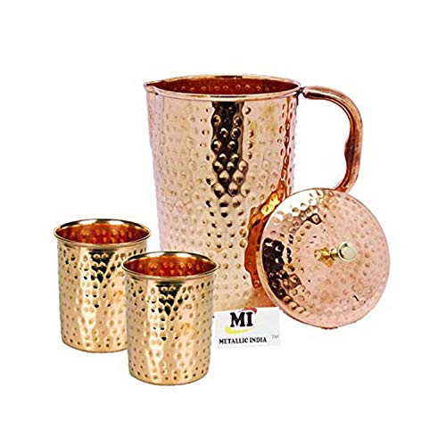 Metallic India 100% de la Jarra de Cobre Puro Hecho a Mano Martillado Vaso Jarra y Vaso de Cristal de Cobre 2 Conjunto de Ayurveda Beneficios para la Salud de Yoga