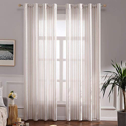 MIULEE Cortinas Delgado Rayas Translucida de Moderno Ventana Visillos Rayas Salon Paneles con Ojales para Sala Cuarto Comedor Salon Cocina Habitación 140 x 260 cm, 2 Unidades Delgado Marrón+Blanco