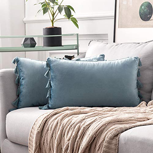 MIULEE Pack de 2 Terciopelo Funda de Borla Cojine Fundas Almohada del Sofá Throw Cojín Decoración Caso de la Cubierta Decorativo Almohadas para Sala de Estar 12x20inch 30x50cm Agua Azul