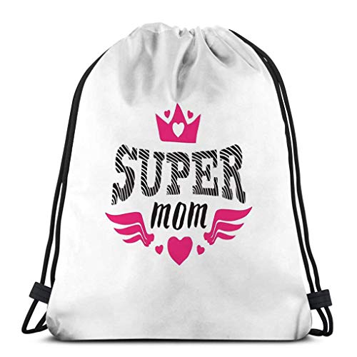 Mochila de Cuerdas Bolsa de Cuerda Casual super mamá imprimir parche letras feliz polilla día de la madre tarjeta de felicitación corona corazones alas 36X43CM