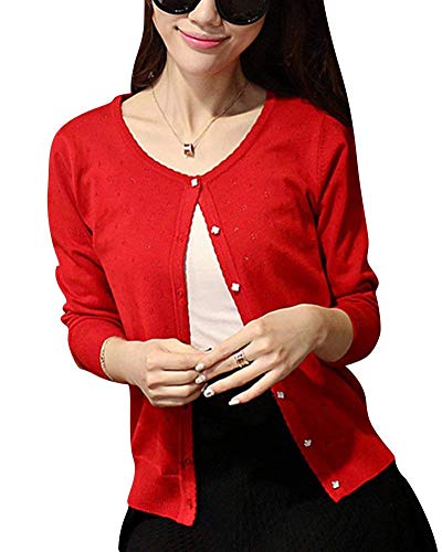 Mujer Pullover Punto Día Hipster Outerwear Primavera Otoño Cuello Redondo Mode De Marca Manga Larga Outwear Color Sólido Botonadura Elegante Tejer Arriba Top (Color : Rot, Size : SG)