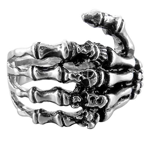 MunkiMix Acero Inoxidable Anillo Ring Banda Venda El Tono De Plata Negro Cráneo Calavera Mano Hand Hueso Talla Tamaño 22 Hombre