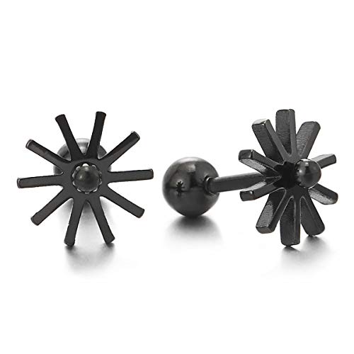 Negro Ventilador Rayos de Sol Sunburst Pendientes de Hombres Mujer, Acero Inoxidable, Cierre Tornillo, 2 Piezas