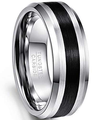 NUNCAD Anillo Mujer Hombre Pareja de Tungsteno Plateado 8mm de Ancho con Raya de Negro para Boda Compromiso Aniversario Día de San Valentín Talla 59 (18,9mm)