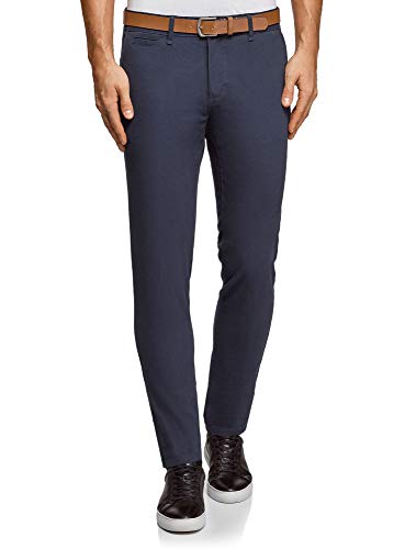 oodji Ultra Hombre Pantalones de Algodón con Cinturón, Azul, 40