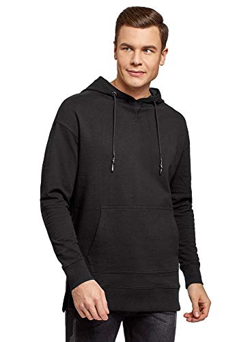 oodji Ultra Hombre Sudadera con Capucha, Bolsillo y Estampado en la Espalda, Negro, ES 52-54 / L