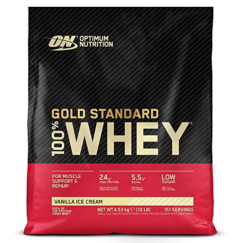 Optimum Nutrition Gold Standard 100% Whey Proteína en Polvo, Glutamina y Aminoácidos Naturales, BCAA, Helado de Vainilla, 151 Porciones, 4,54kg, Embalaje Puede Variar