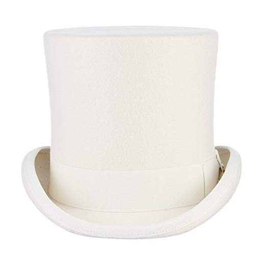 Otoño Invierno Sombrero De Boda 17cm 100% Lana Sombrero De Fieltro Blanco Sombrero Cilíndrico De Plumas Hecho A Mano Sombrero De Copa Para Hombres / Mujeres Disfraz De Sombrere(Size:55cm,Color:Blanco)