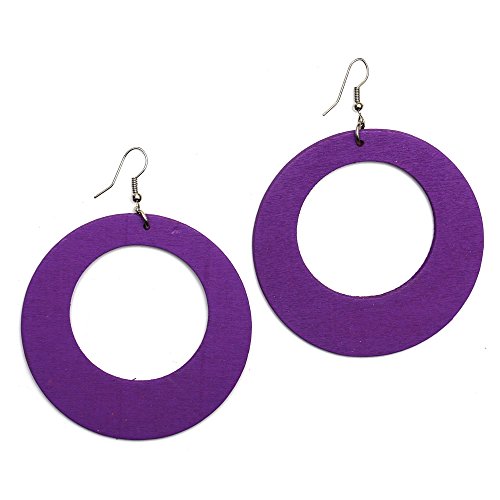 Pendientes de aro colgantes, redondos de madera, color morado, de Idin, longitud de 85 mm y diámetro de 65 mm