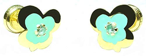 Pendientes oro 18 k niña/mujer antialergicos mariposa con piedra engastada de alto brillo y esmalte verde manzana. Medida de la joya 7 x 8 mm. Con cierre de máxima seguridad a rosca.