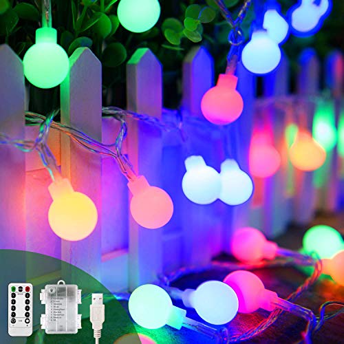 Pilas USB 2 en 1 Guirnaldas Luces Control Remoto 13m 100 Led Bolas 8 modos Colores Luces de Adornos Navidad Impermeable Para Interior Exterior Fiesta Jardín Habitacion Decoración